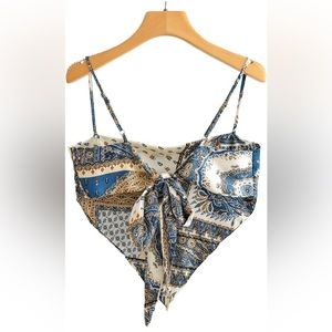 Satin Bandana Tie Top - S - Blue White Cream Gold
